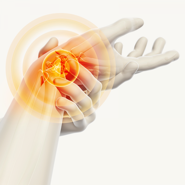 Medizinische Darstellung einer schmerzenden Hand mit hervorgehobenen Gelenken in leuchtendem Orange, symbolisierend für Handchirurgie oder Gelenkbeschwerden.