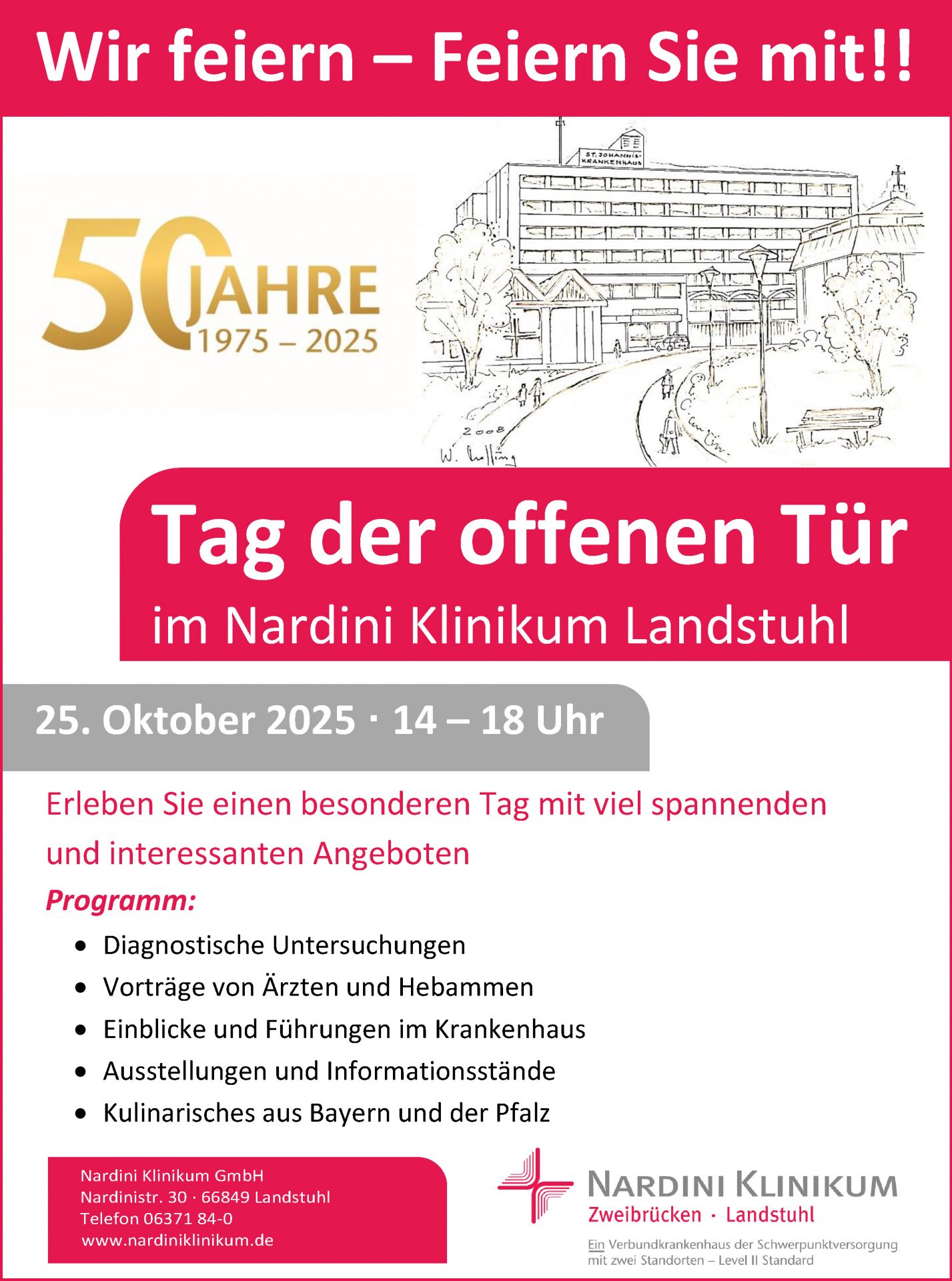 Plakat zum 50-jährigen Jubiläum des Nardini Klinikums Landstuhl mit einem Tag der offenen Tür am 25. Oktober 2025. Es zeigt Informationen zu Veranstaltungen wie diagnostische Untersuchungen und Vorträge, sowie eine Zeichnung des Klinikgebäudes.