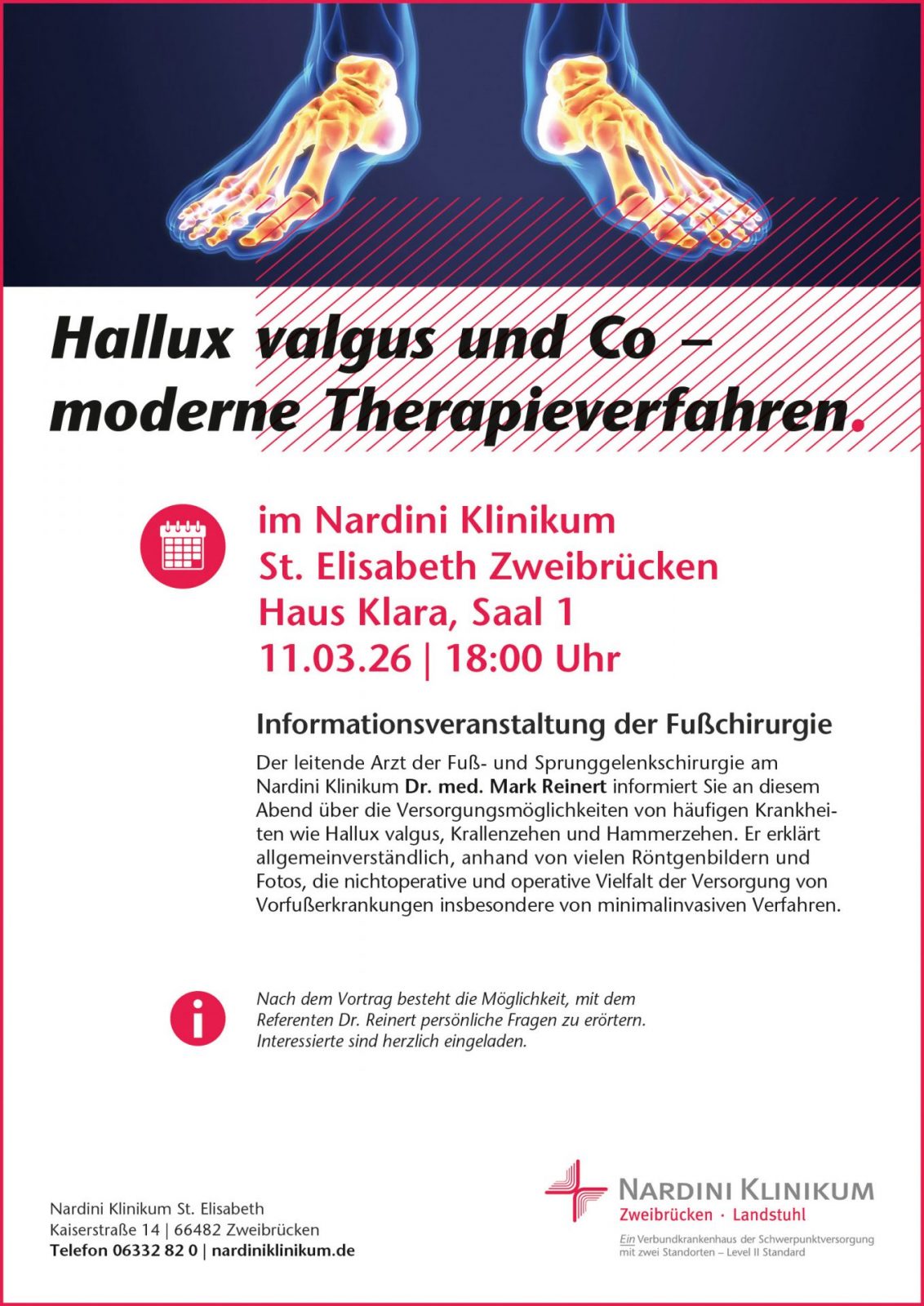 Einladung zur Veranstaltung im Nardini Klinikum Zweibrücken über moderne Therapieansätze bei Hallux valgus.