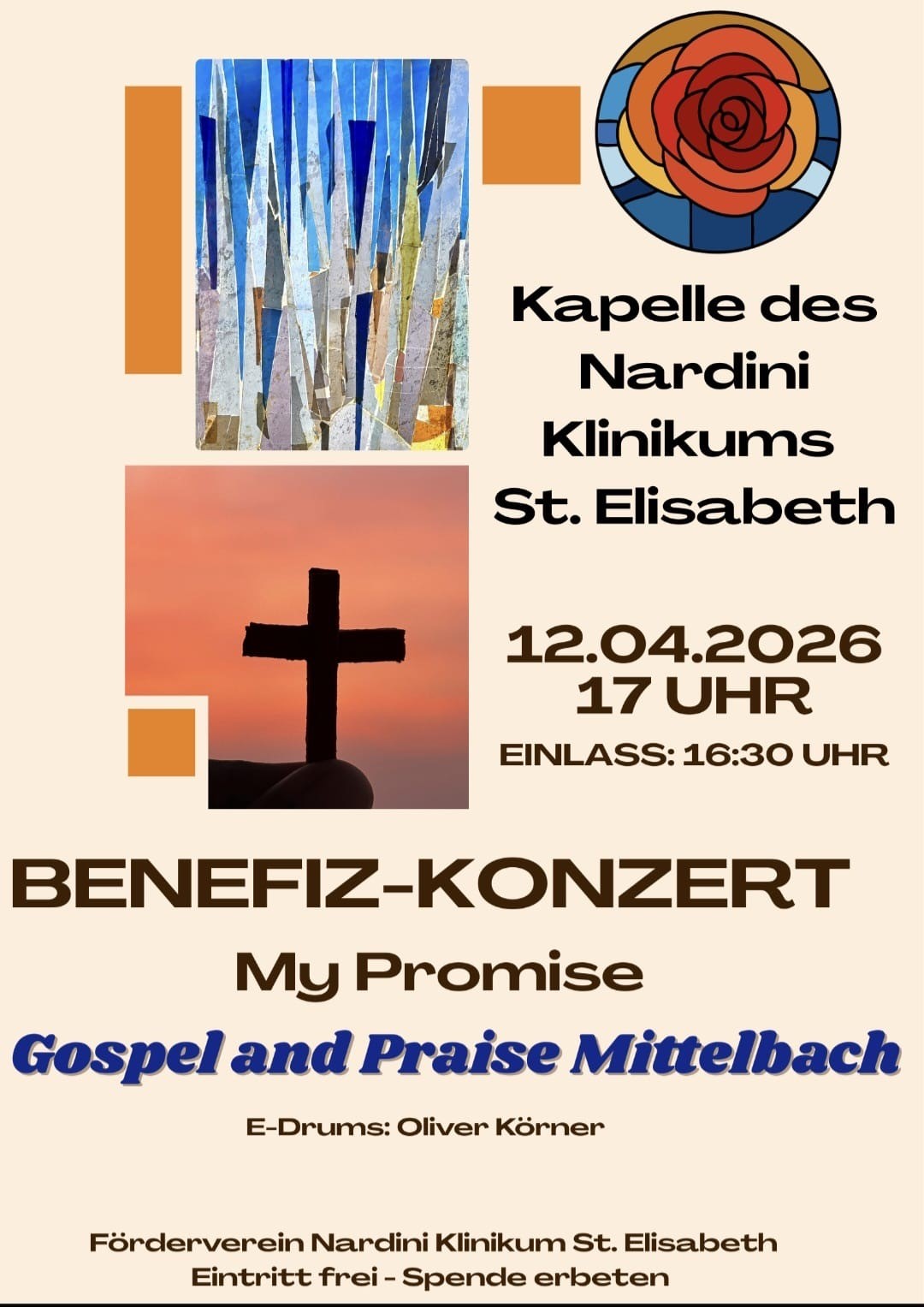 Plakat für das Benefizkonzert im Nardini Klinikum St. Elisabeth, Landstuhl, mit Informationen zu Datum, Uhrzeit und Künstler.