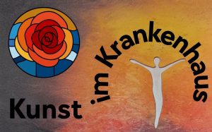 Logo mit Rose und Schriftzug „Kunst im Krankenhaus“ auf buntem Hintergrund.