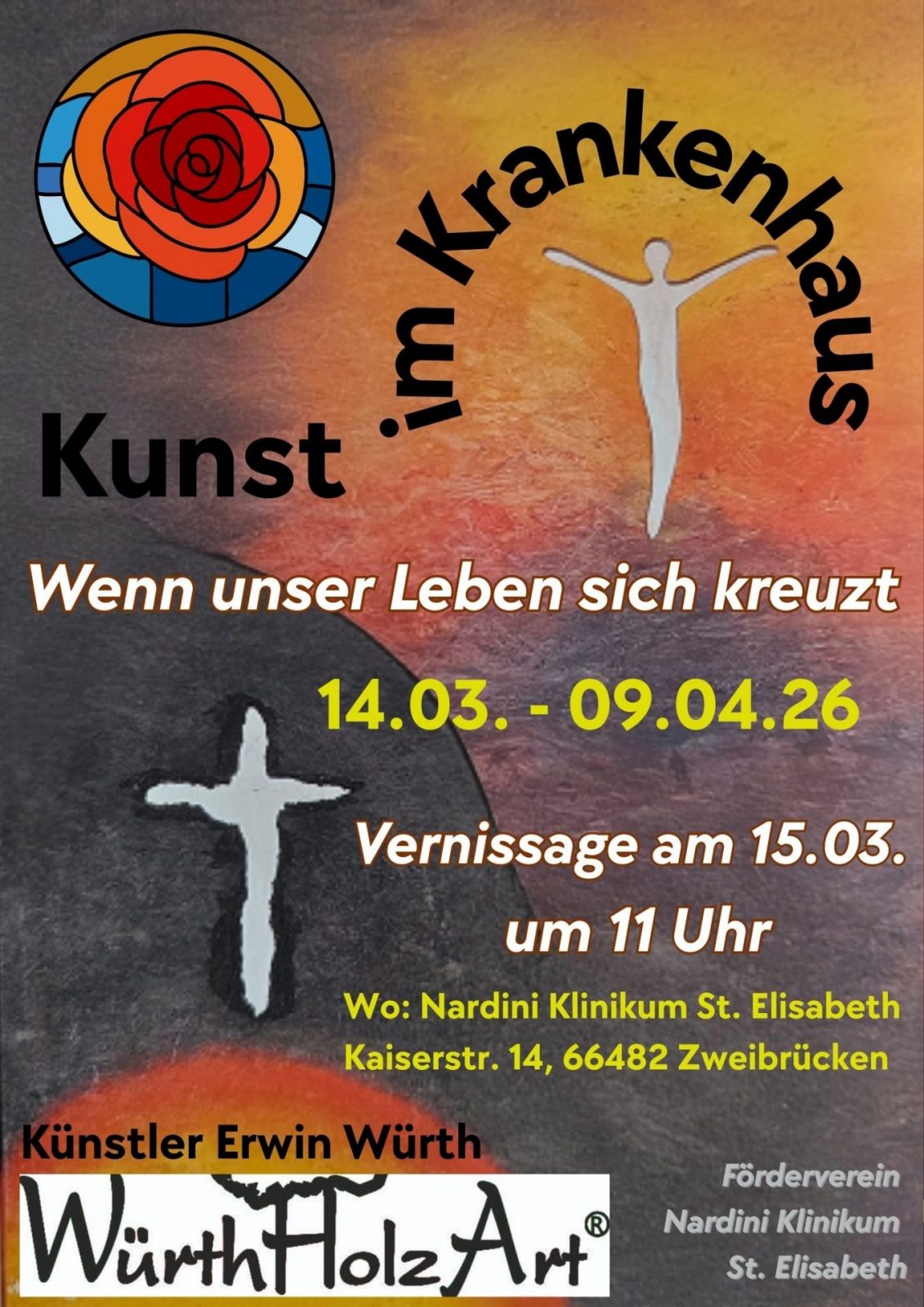 Plakat zur Kunstausstellung im Nardini Klinikum, Zweibrücken, vom 14.03. bis 09.04.26, mit Vernissage am 15.03. um 11 Uhr, Künstler Erwin Würth.