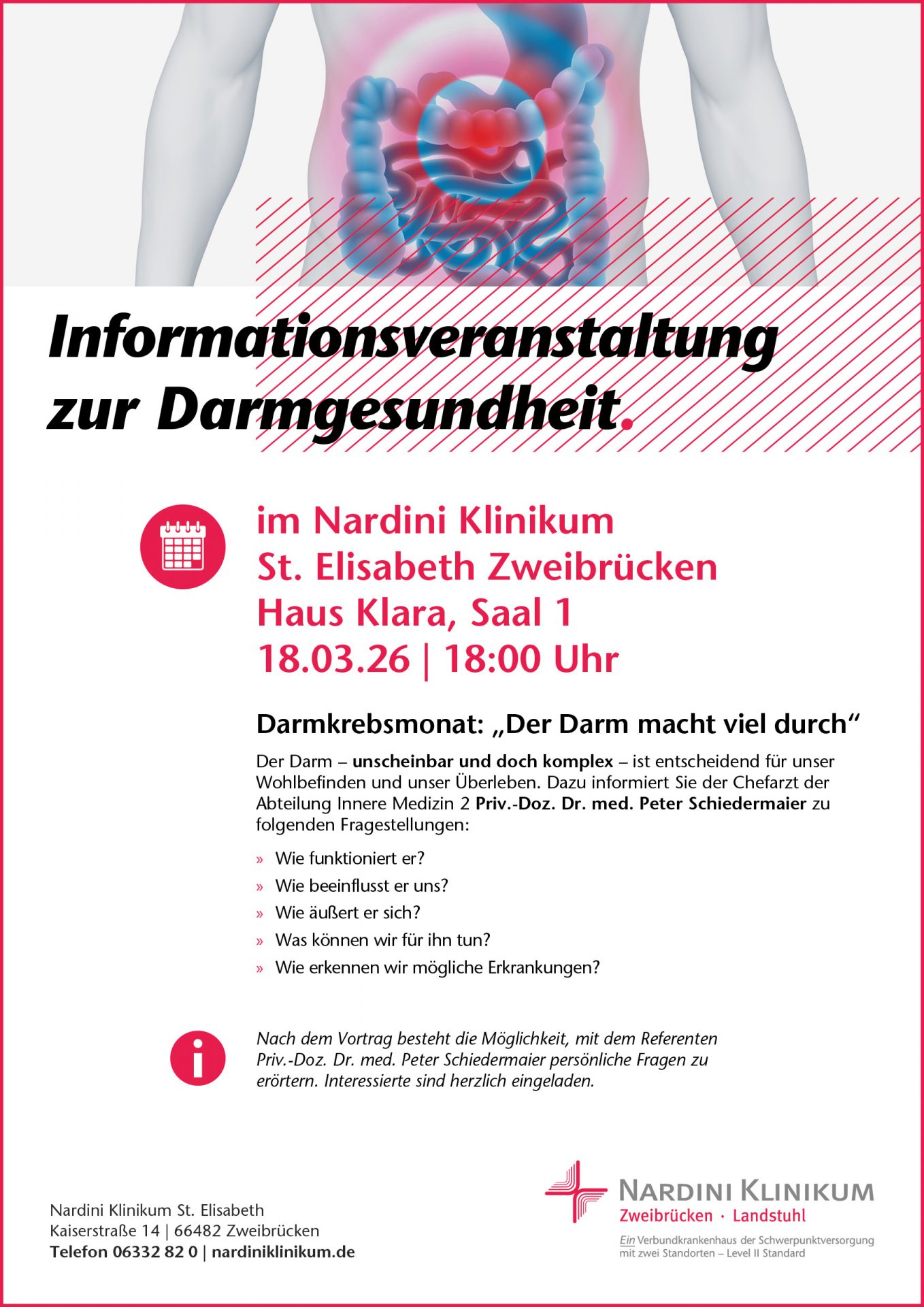 Plakat für Informationsveranstaltung im Nardini Klinikum Zweibrücken, mit Details zu Ort, Datum und Themen über Darmgesundheit.