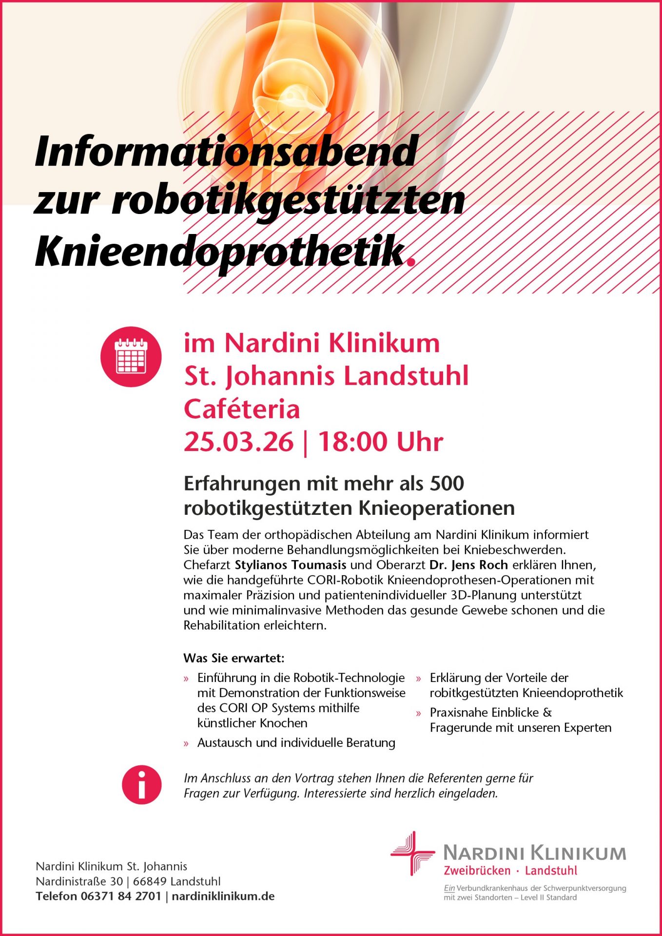 Einladung zum Informationsabend über robotikgestützte Knieprothesen im Nardini Klinikum Landstuhl, 25.03.26, 18:00 Uhr.